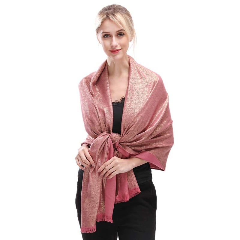 LMVERNA Women Sparkling Metallic Fringed Scarf Lightweight Fashion Large Pashmina Shawls and Wraps for Evening Dresses(Rose-Gold) - Image 4